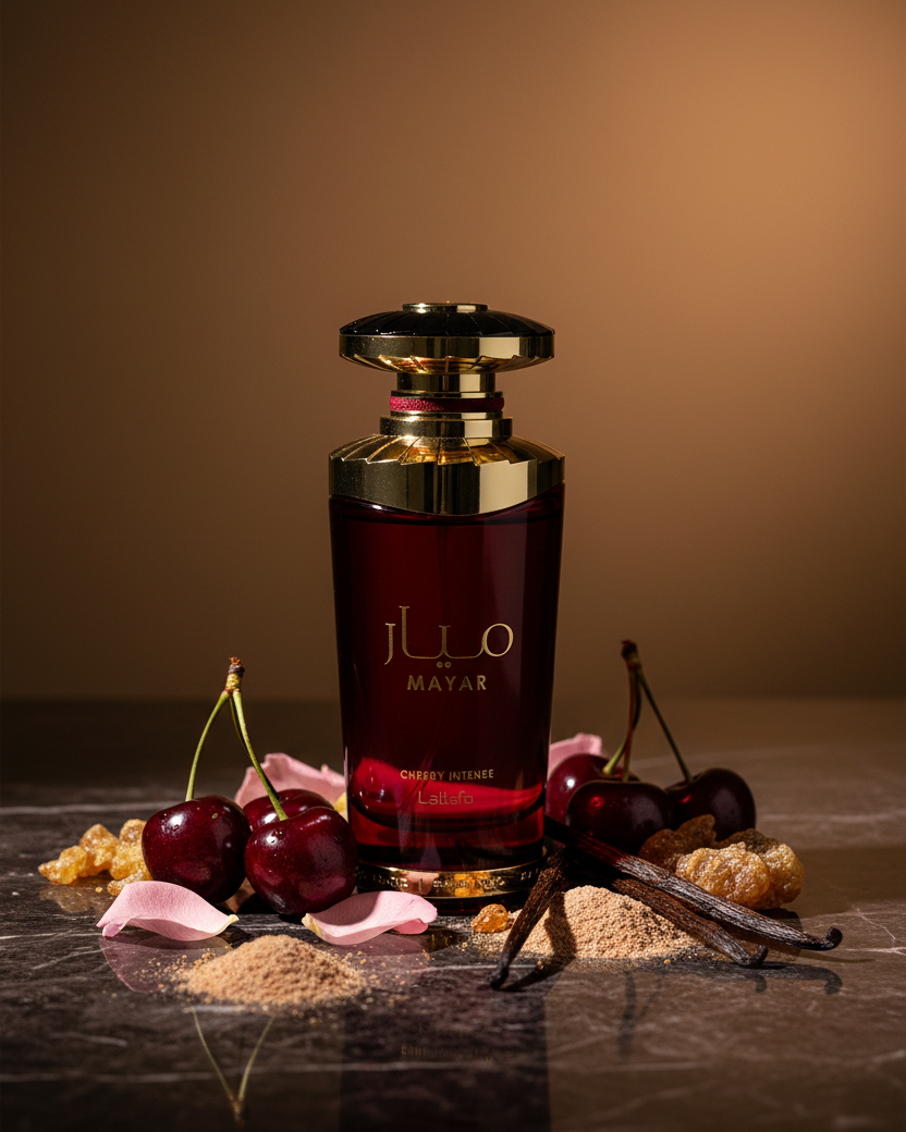Mayar Cherry Intense Lattafa — Fotografía editorial de lujo