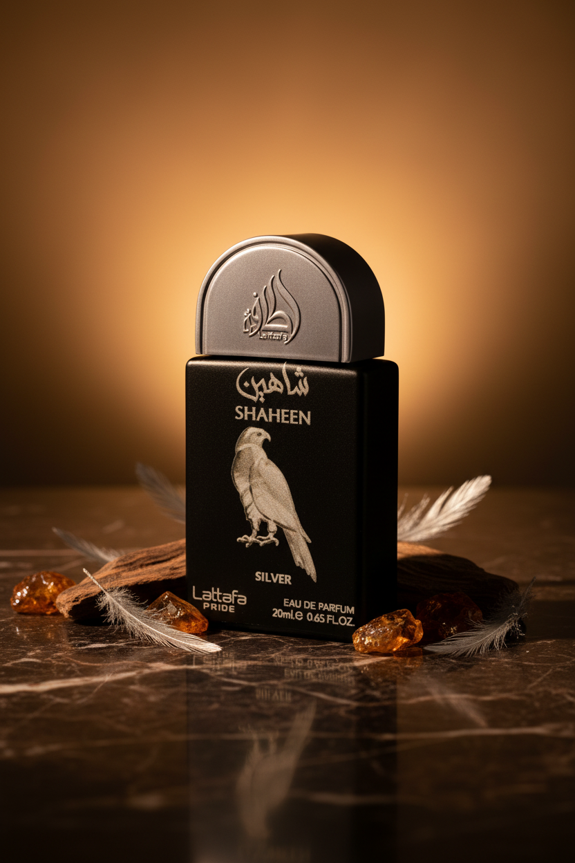 Shaheen Silver Lattafa Pride 20ml – Foto editorial de lujo
