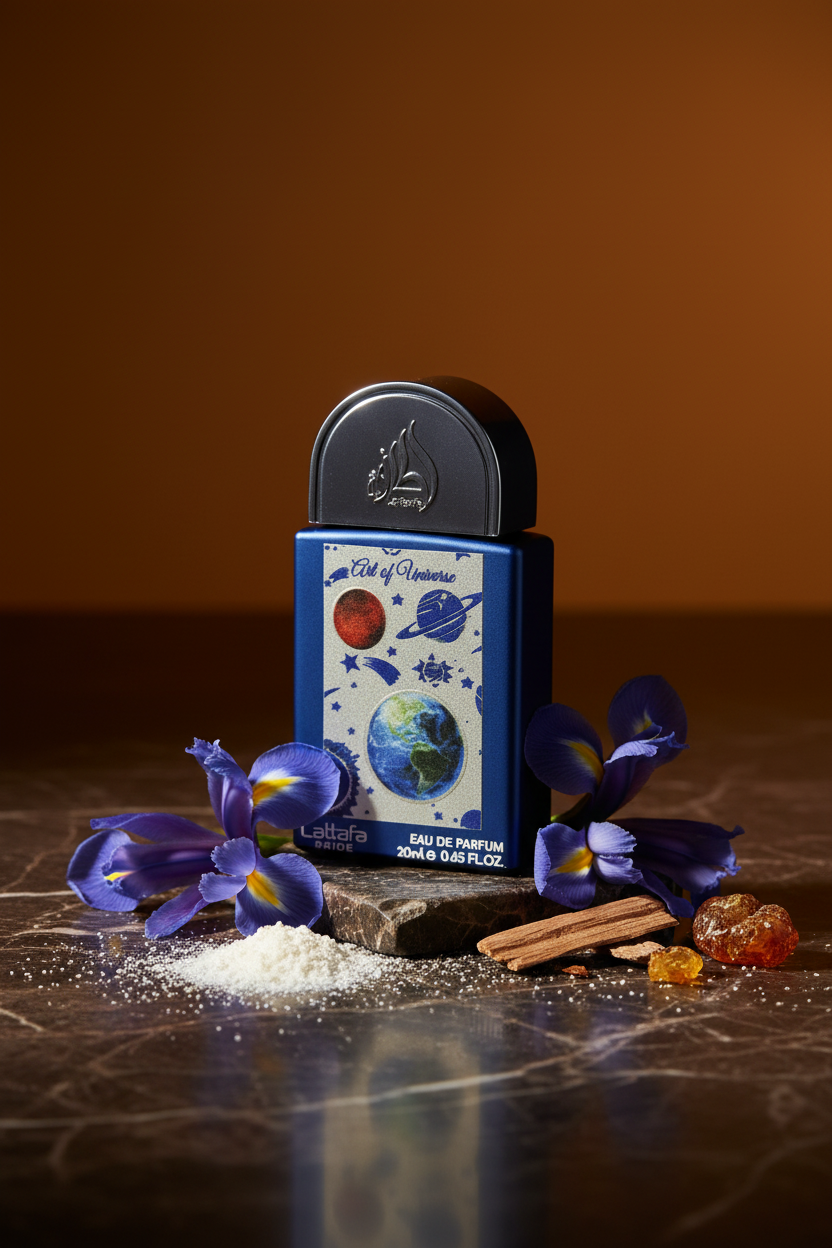 Art of Universe Lattafa Pride 20ml perfume unisex sobre mármol oscuro fondo ámbar