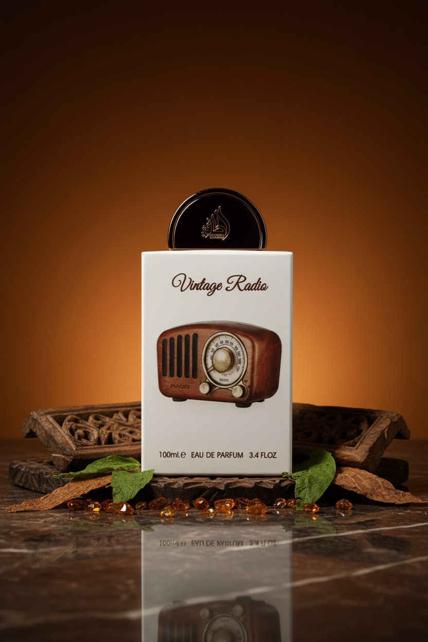 Caja de Vintage Radio Lattafa Pride sobre mármol oscuro con fondo ámbar oscuro, fotografía editorial de lujo árabe